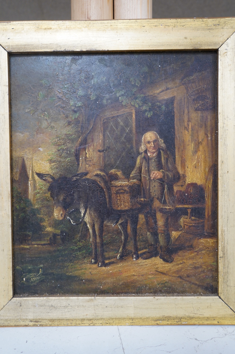 19th century, English School, oil on board, Study of a man and a donkey before a cottage, unsigned, 22 x 18cm. Condition - fair